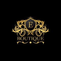 Golden Luxury Boutique E Letter Logo template in vector design for Decoration, Restaurant, Royalty, Boutique, Cafe, Hotel, Heraldic, Jewelry, Fashion and other illustration