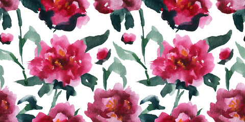 Floral Seamless Pattern of Pink Peones, asian watercolor art, clipping path included