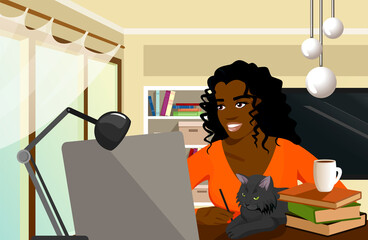 Young african american woman using laptop flat vector illustration. Working from home workplace, remote job, freelancer. Online shopping. Pet. Cat sleeping on owner workspace. 