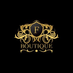 Golden Luxury Boutique F Letter Logo template in vector design for Decoration, Restaurant, Royalty, Boutique, Cafe, Hotel, Heraldic, Jewelry, Fashion and other illustration