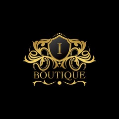 Golden Luxury Boutique I Letter Logo template in vector design for Decoration, Restaurant, Royalty, Boutique, Cafe, Hotel, Heraldic, Jewelry, Fashion and other illustration
