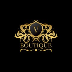 Golden Luxury Boutique V Letter Logo template in vector design for Decoration, Restaurant, Royalty, Boutique, Cafe, Hotel, Heraldic, Jewelry, Fashion and other illustration