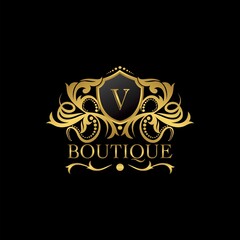 Fototapeta premium Golden Luxury Boutique V Letter Logo template in vector design for Decoration, Restaurant, Royalty, Boutique, Cafe, Hotel, Heraldic, Jewelry, Fashion and other illustration
