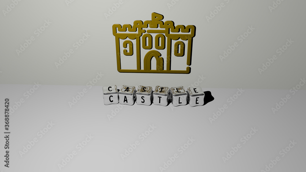 Poster 3d graphical image of castle vertically along with text built by metallic cubic letters from the top