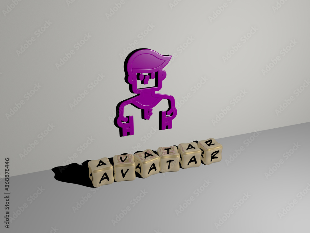 Poster 3d representation of avatar with icon on the wall and text arranged by metallic cubic letters on a m