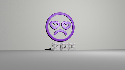 3D graphical image of sad vertically along with text built by metallic cubic letters from the top...