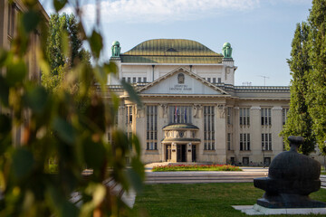 Obraz premium Zagreb/ Croatia-July 31st,2020: Beautiful morning in front of Croatian state archives, one of famous Zagreb city landmarks and places to visit