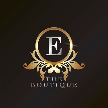 Golden Boutique E Logo template in circle frame vector design for brand identity like Restaurant, Royalty, Boutique, Cafe, Hotel, Heraldic, Jewelry, Fashion and other brand