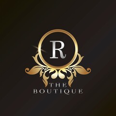 Golden Boutique R Logo template in circle frame vector design for brand identity like Restaurant, Royalty, Boutique, Cafe, Hotel, Heraldic, Jewelry, Fashion and other brand