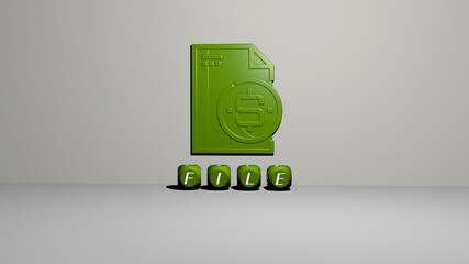 3D representation of file with icon on the wall and text arranged by metallic cubic letters on a mirror floor for concept meaning and slideshow presentation. illustration and background