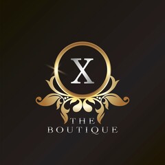 Golden Boutique X Logo template in circle frame vector design for brand identity like Restaurant, Royalty, Boutique, Cafe, Hotel, Heraldic, Jewelry, Fashion and other brand
