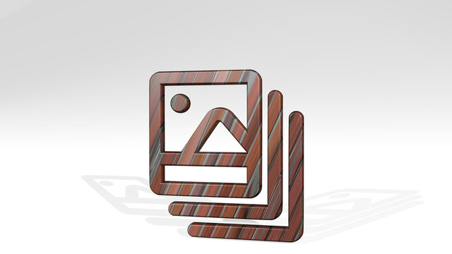 PICTURE STACK LANDSCAPE casting shadow from a perspective. A thick sculpture made of metallic materials of 3D rendering. background and concept