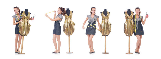 Fototapeta premium Woman tailor working on white background