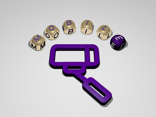 3D graphical image of MOBILE vertically along with text built around the icon by metallic cubic letters from the top perspective, excellent for the concept presentation and slideshows. illustration