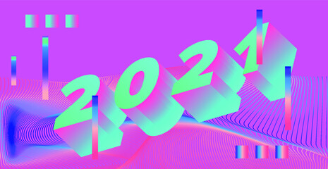 Obraz premium 3D Holographic digits on neon vivid background. 2021 Happy New Year concept illustration for poster, cover, calendar or wall print in retrofuturistic synthwave and vaporwave style.