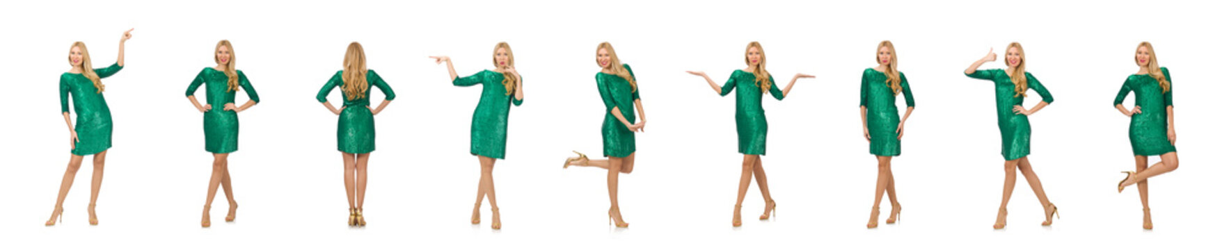 Blond Hair Girl In Sparkling Green Dress Isolated On White