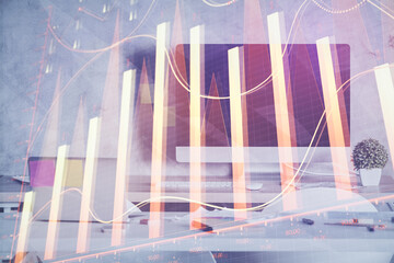 Multi exposure of financial graph drawing and office interior background. Concept of market analysis.