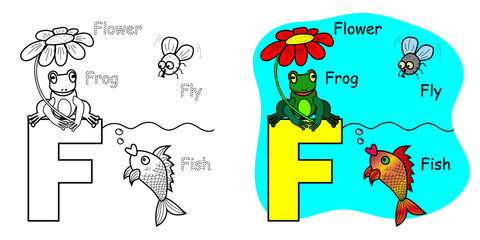 English alphabet coloring book for children. Letter F