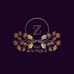 Gold Luxury Nature Leaf Boutique Letter Z Logo template in circle frame vector design for brand identity like Restaurant, Royalty, Boutique, Cafe, Hotel, Heraldic, Jewelry, Fashion