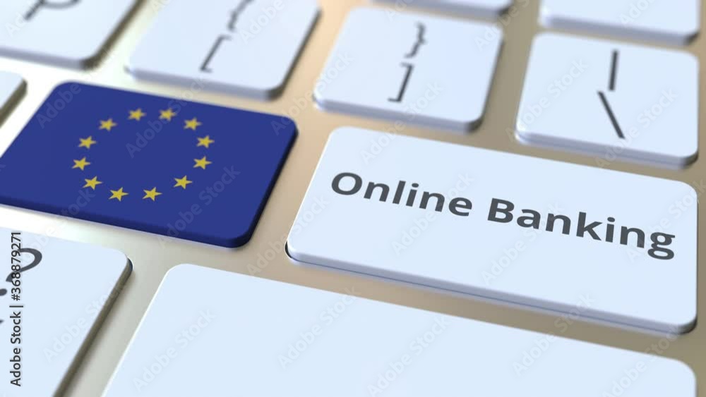 Poster online banking text and flag of the european union on the keyboard. internet finance related concept