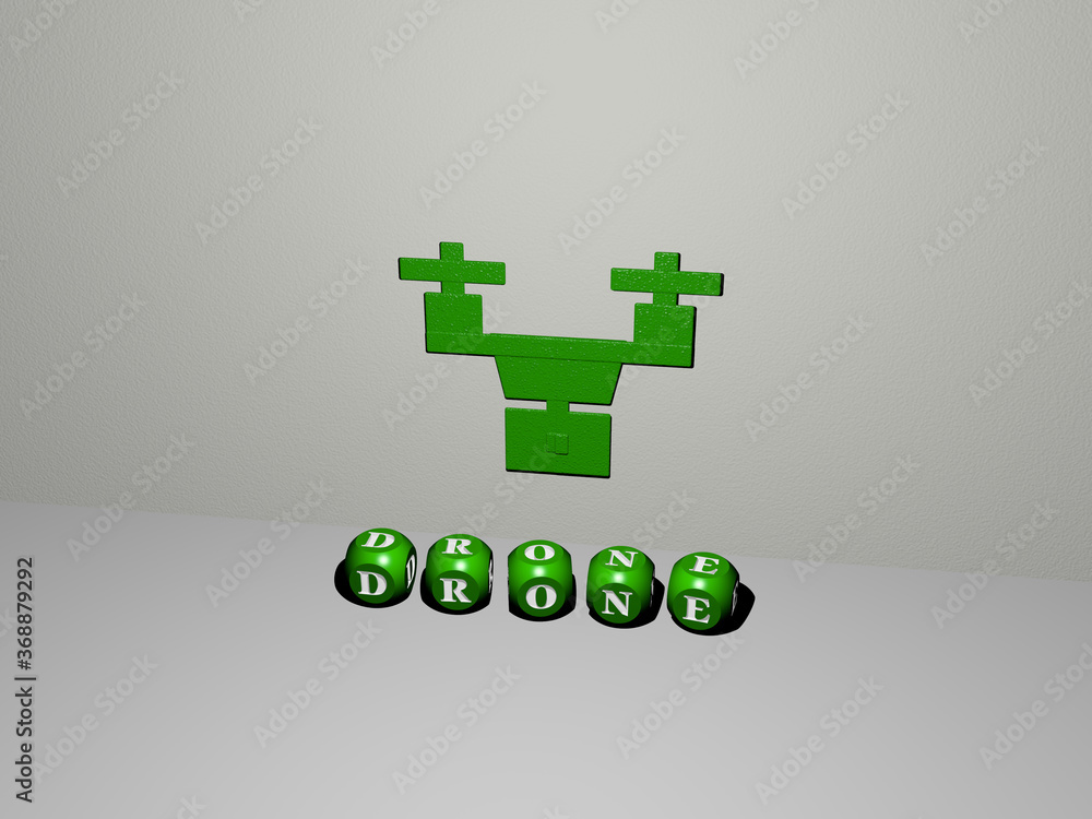 Poster 3d illustration of drone graphics and text made by metallic dice letters for the related meanings of