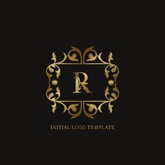Gold R Initial logo. Frame emblem ampersand deco ornament monogram luxury logo template for wedding or more luxuries identity