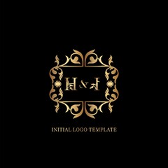 Gold HI Initial logo. Frame emblem ampersand deco ornament monogram luxury logo template for wedding or more luxuries identity
