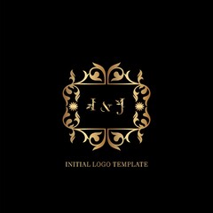 Gold IJ Initial logo. Frame emblem ampersand deco ornament monogram luxury logo template for wedding or more luxuries identity