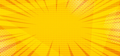 Yellow comic pop art abstract halftone background with sunbeams, space for your text. Vector illustration