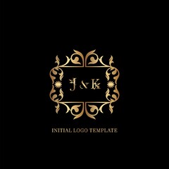 Gold JK Initial logo. Frame emblem ampersand deco ornament monogram luxury logo template for wedding or more luxuries identity