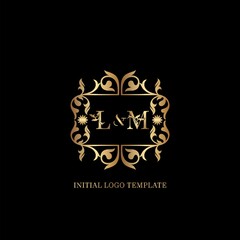 Gold LM Initial logo. Frame emblem ampersand deco ornament monogram luxury logo template for wedding or more luxuries identity