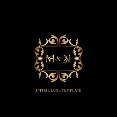 Gold MN Initial logo. Frame emblem ampersand deco ornament monogram luxury logo template for wedding or more luxuries identity