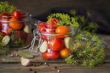 Ingredients for making healthy vegetarian food. Pickled Vegetables. Tomatoes being prepared for preserving. Clean eating, vegetarian food concept