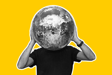 Man and a mirror ball instead of a head on a bright yellow background. The concept of modern...