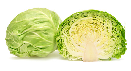 Green cabbage whole and half isolated on white background