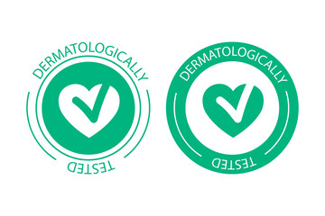 Dermatologically tested vector label logo. Dermatology test and dermatologist clinically proven icon for allergy free and healthy safe product package tag EPS