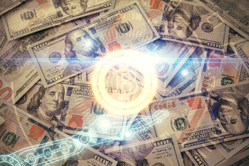 Multi exposure of crypto theme drawing over us dollars bill background. Concept of blockchain success.
