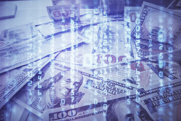 Double exposure of data theme drawing over us dollars bill background. Technology concept.