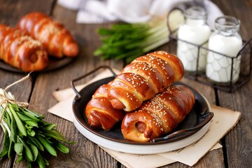 Homemade sausages in yeast dough with sesame seeds and milk on a wooden background.