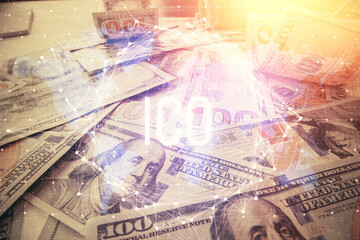 Multi exposure of crypto theme drawing over us dollars bill background. Concept of blockchain...