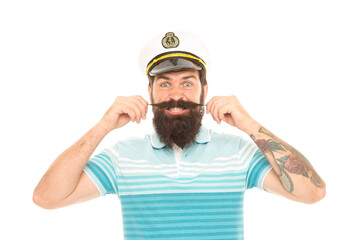 Man cheerful captain sailor hat trip around world, mad about travel concept