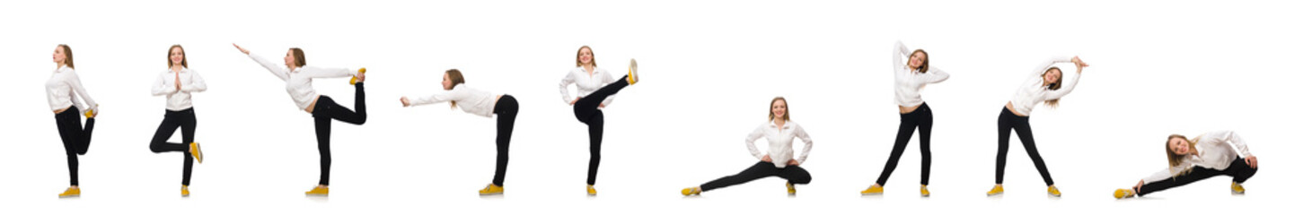 Woman doing exercises isolated on white