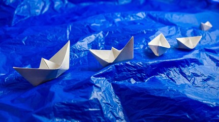 Five white paper origami boats on blue plastic garbage bags. Travel concept.