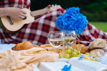 Girl in red checkered dress and hat sitting on white knit picnic blanket plays ukulele and drinking wine. Summer picnic on sunny day with bread, fruit, bouquet hydrangea flowers. Selective focus