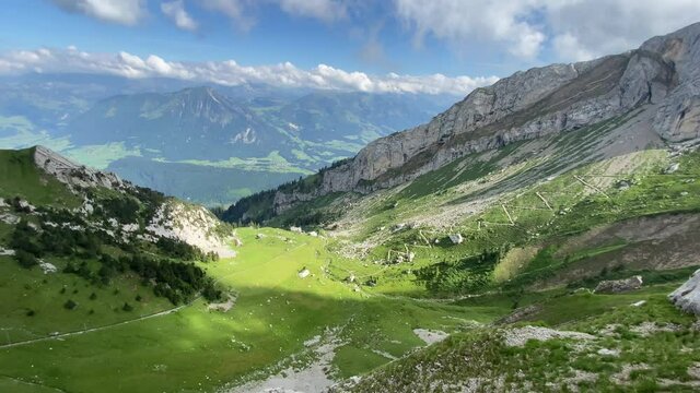 View of beautiful landscape taken from window of cog railway at Alpnachstad, Switzerland