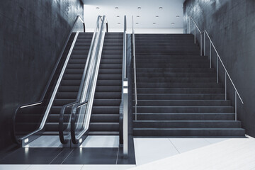 Gray subway station with escalator