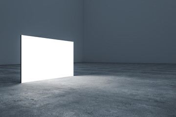Modern  gallery interior with blank glowing  banner