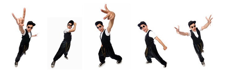 Funny young man dancing isolated on white