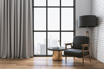 Fototapeta premium Living room with chair, table and city view.