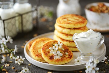 Homemade cheesecakes with sour cream. Homemade breakfast.